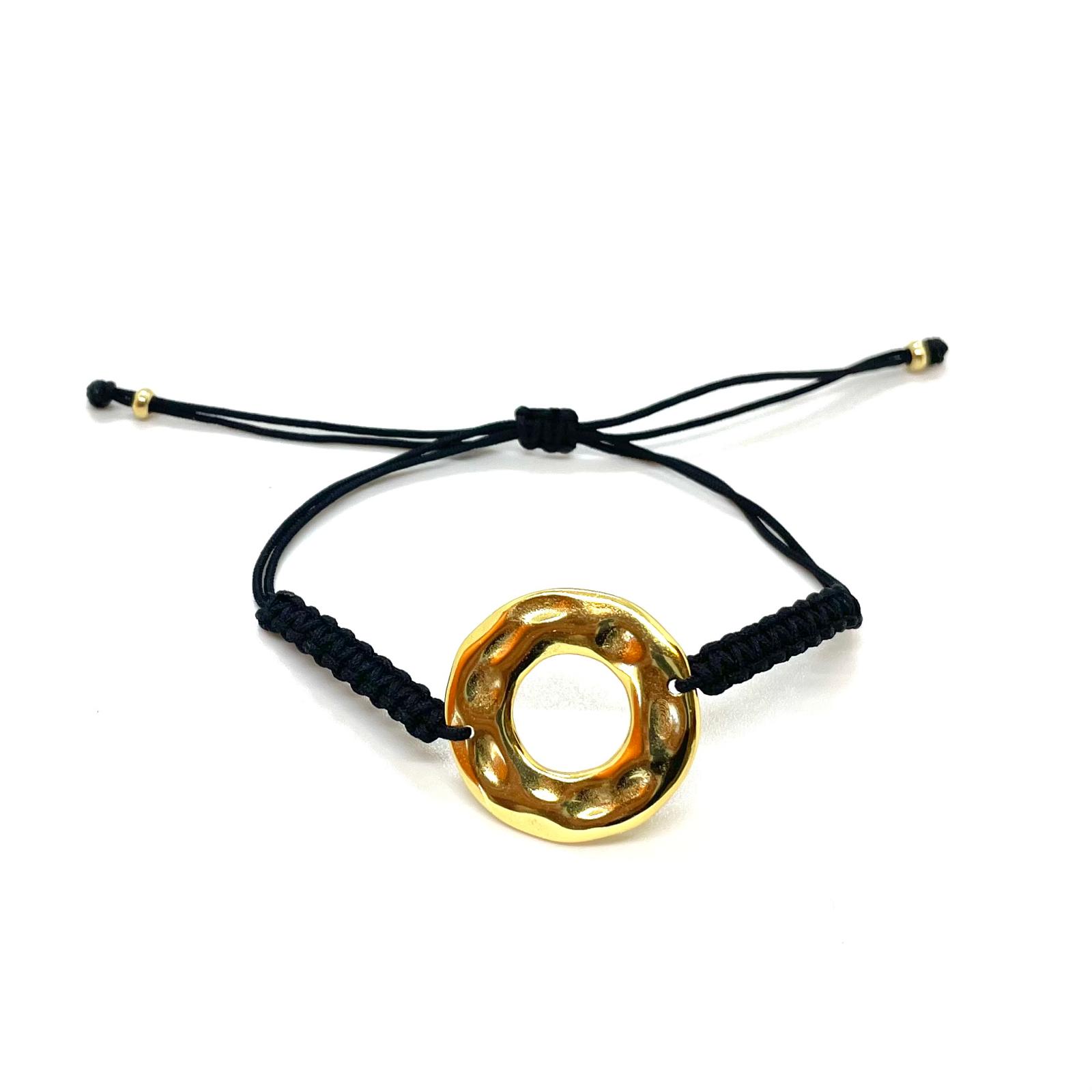 Polsera Cercle Orgànic Daurat – Plata de Llei amb Bany d’Or de 18 kt i Macramé Negre
